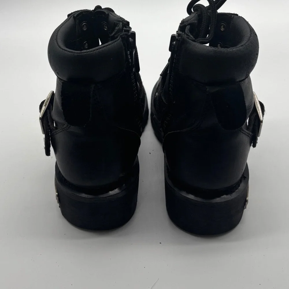 Ride Tecs Mens Black Leather Motorcycle Boots Lace Up Side Zip Lug Sole size 6